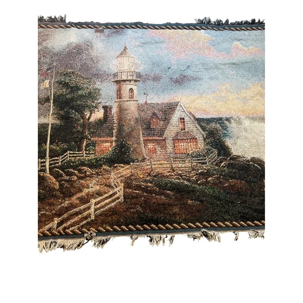 Thomas Kinkade Lighthouse Woven Throw Blanket‎ Tapestry 40x59 Coastal Cottage